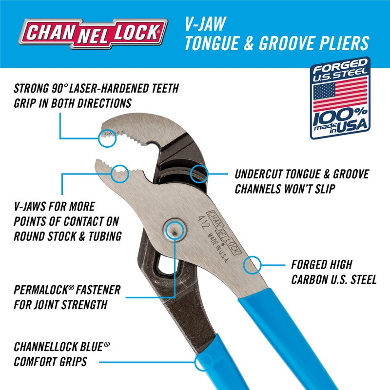 CHANNELLOCK 412 6.5-inch V-Jaw Tongue & Groove Pliers, Made in USA, 0.94-inch Jaw Capacity, Forged High Carbon Steel, More Points of Contact on Round Stock - Image 2